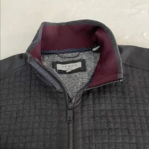 Ted Baker Charcoal Quilted Jacket with Burgundy Collar. Size 3 (Small)